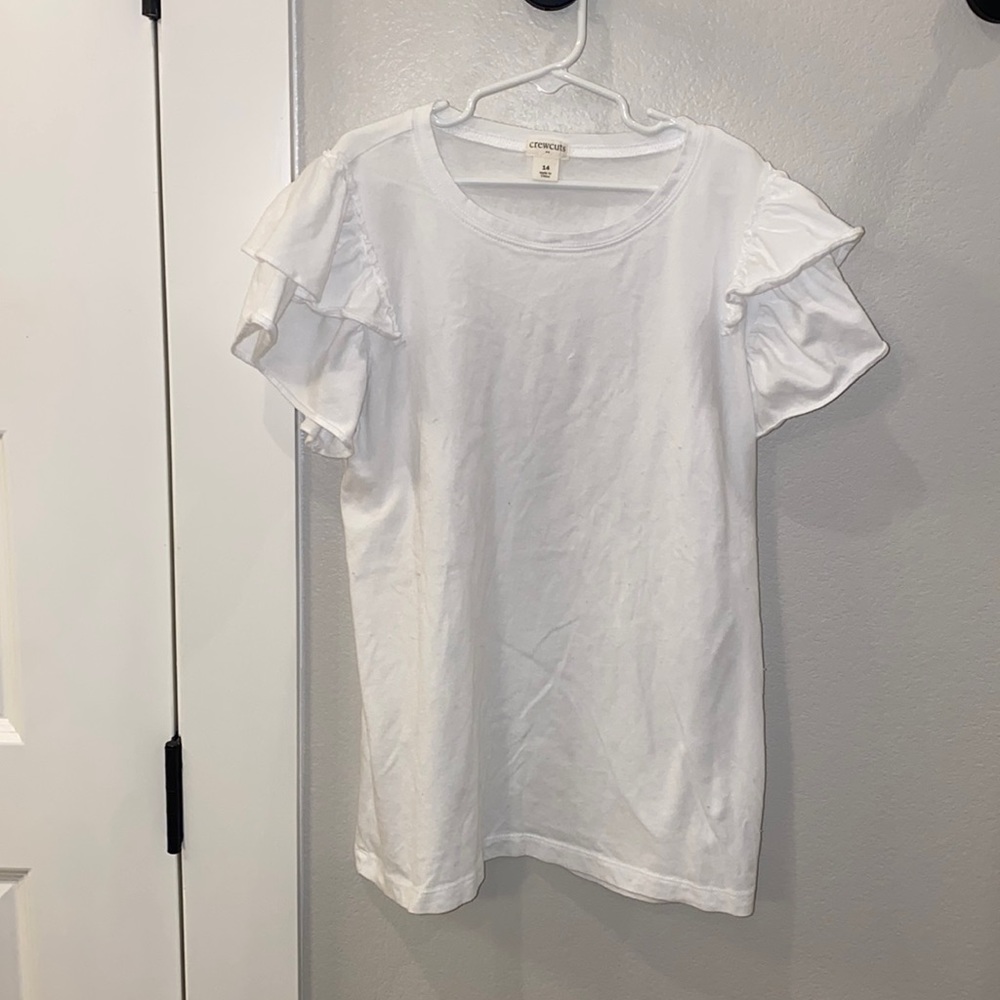 EUC Girls Teen Tween J.Crew Crewcuts Size 14 White Ruffle Sleeve T-Shirt Top